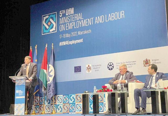 Labour Minister Nayef Stetieh takes part in the fifth Union for the Mediterranean Ministerial on Employment and Labour in Marrakech, Morocco (Petra photo)