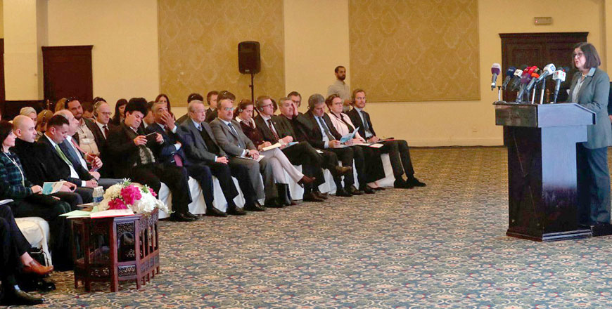 Minister of Planning and International Cooperation Mary Kawar delivers remarks during the launch of the fourth National Action Plan on Sunday (Petra photo)