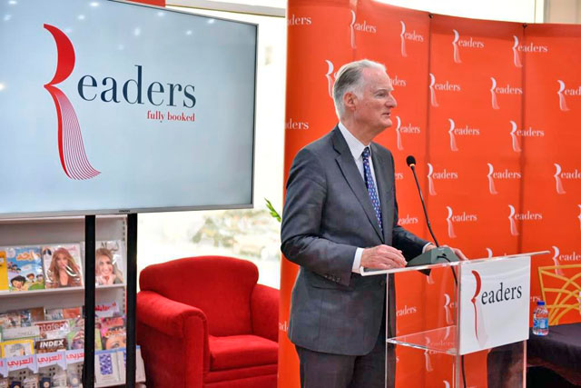 John McCarthy speaks during a book launch at Readers in Amman, on Saturday. The book documents Switzerland’s success and was translated into Arabic by McCarthy’s publishing company  (Photo courtesy of Readers)