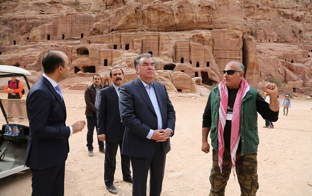 Tajikistan’s President Emomali Rahmon visits the rose-red city of Petra on Monday (Petra photo)
