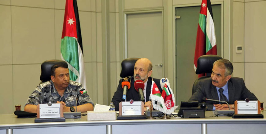 Prime Minister Omar Razzaz speaks at a press conference, saying that an envisioned state of law is being realised by the joint efforts of all concerned agencies on Tuesday (Petra photo)