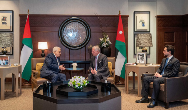 His Majesty King Abdullah on Sunday meets with Palestinian President Mahmoud Abbas at Al Husseiniya Palace, where he warns of the continuation of the war on Gaza during the fasting month of Ramadan, which will lead to a spillover of the conflict (Photo courtesy of Royal Court)  