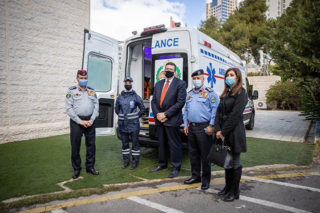 Cap:  The US Embassy’s Office of Diplomatic Security Anti-terrorism Assistance programme provided an ambulance to the Civil Defence Directorate’s Ambulance and Humanitarian Support Department of the Public Security Directorate on Thursday (Photo courtesy of the US Embassy)