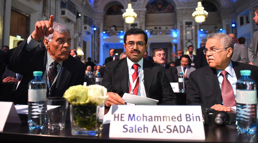 OPEC Secretary General Abdullah Al Badri, Saudi Arabia's Oil Minister Ali Al Naimi (right) and Qatar's Energy and Industry Minister Mohammed Al Sada (centre) attend the Organisation of the Petroleum Exporting Countries international seminar at Hofburg Palace on Wednesday in Vienna (AFP photo)