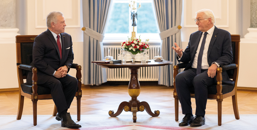 His Majesty King Abdullah, during a meeting with German President Frank-Walter Steinmeier in Berlin on Monday, warns that thousands of innocent Palestinians are at risk if the war on Gaza does not end, adding that it may push the entire region into a new cycle of violence (Photo courtesy of Royal Court)
