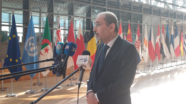 Deputy Prime Minister and Foreign Affairs Minister Ayman Safadi speaks to the media on the sidelines of Seventh Brussels Conference on the Future of Syria and the Region on Thursday (Petra photo)