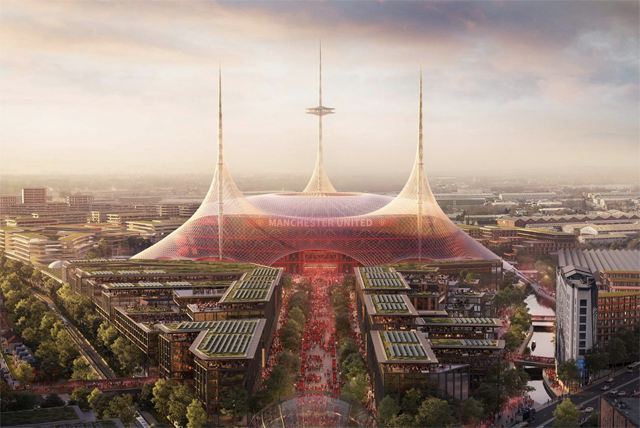 A handout image received from Manchester United on Tuesday, 2025, shows Foster + Partners’ illustration of a proposed new 100,000-seat stadium, unveiled as part of the regeneration of the Old Trafford area (AFP photo)