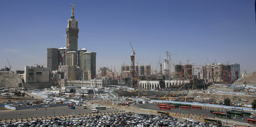 In this May 13, 2014 file photo, construction cranes and scaffolding dominate the minarets and entries to the Kaaba at Mecca, Saudi Arabia, where a major expansion project is revamping the holiest site in Islam (AP photo)