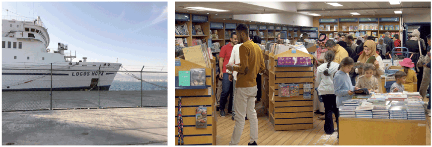 Left: A view of the Logos Hope ship docked at the Aqaba port. Right: Visitors are seen onboard the Logos Ship, the world’s largest floating library, in this photo taken on January 27 (Photos by Rajive Cherian)