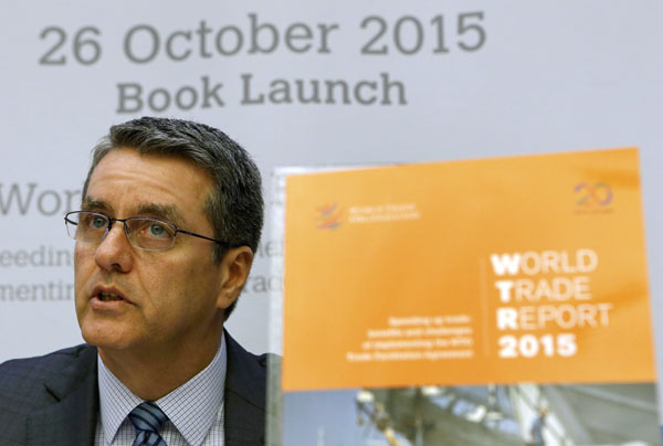 WTO Director General Roberto Azevedo attends a news conference on the launch of the World Trade Report 2015 in Geneva, Switzerland, on Monday (Reuters photo)