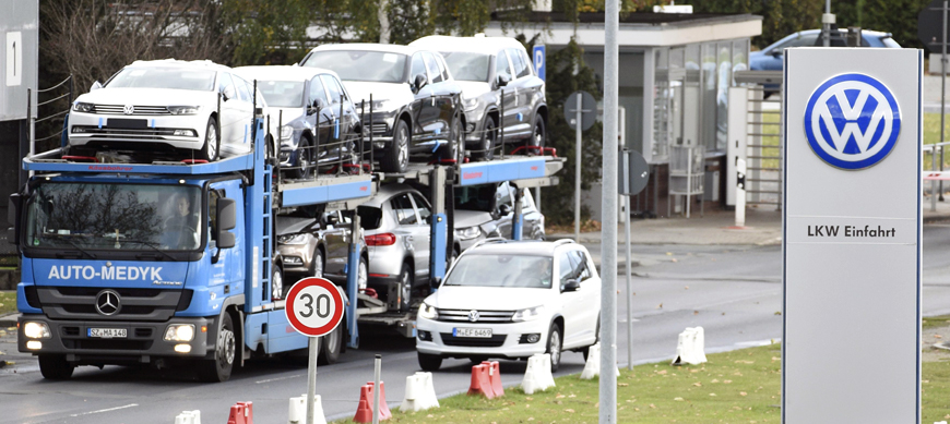 A truck, loaded withVolkswagen cars, leaves the truck gate ‘Fallersleben’ at the Volkswagen headquarters in Wolfsburg, on Monday (Reuters photo)