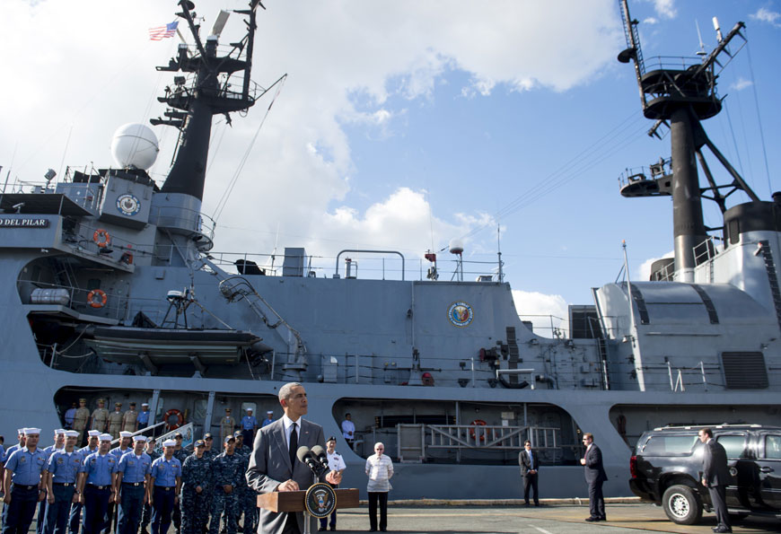 US President Barack Obama speaks following a tour of the BRP Gregario Del Pilar in Manila Harbour, on Tuesday (AFP photo)