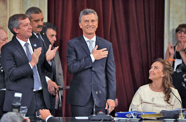 Argentina’s new President Mauricio Macri (centre) and Vice President-elect Marta Gabriela Michetti during their inauguration ceremony at the Congress in Buenos Aires on Thursday (AFP photo)