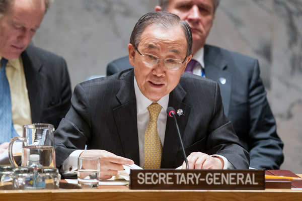 United Nations Secretary-General Ban Ki-moon briefs the Security Council during the meeting on the situation in the Middle East and Palestine on Tuesday at the UN in New York (AFP photo)