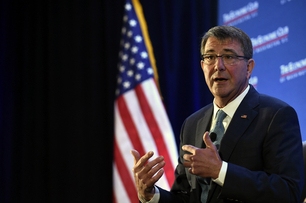 Defence Secretary Ash Carter speaks about the upcoming defence department's budget, on Tuesday, during a speech at the Economic Club of Washington in Washington (AP photo)
