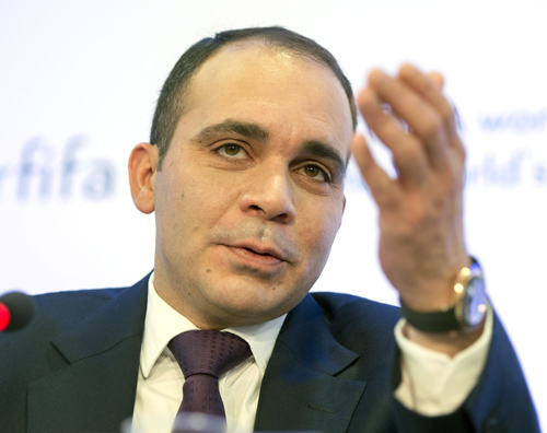 HRH Prince Ali, FIFA presidential candidate, speaks during a news conference at the Swiss Press Club in Geneva, on Thursday (AP photo by Martial Trezzini)