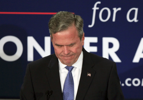 US Republican presidential candidate Jeb Bush pauses as he announces that he is suspending his presidential campaign, at his South Carolina primary night party in Columbia, South Carolina, on Satruday (Reuters photo)