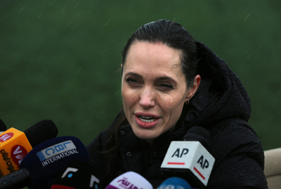 US actress Angelina Jolie, special envoy of the United Nations High Commissioner for Refugees, speaks during a press conference at a Syrian refugee camp in the eastern city of Zahleh, Lebanon, on Tuesday (AP photo)