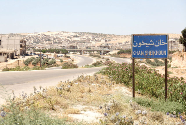 This file photo, taken on July 12, 2017, shows the entrance of Khan Sheikhoun, a rebel-held town in the northwestern Syrian Idlib province, 100 days following a suspected toxic gas attack that was reported to have killed 88 people, including 31 children (AFP photo)