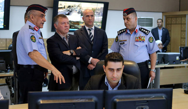 His Majesty King Abdullah visits the Public Security Department on Monday  (Photo courtesy of Royal Court)