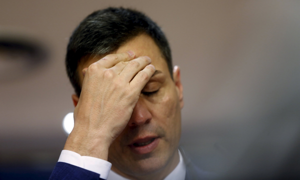 Socialist Party leader Pedro Sanchez reacts during a news conference at Spanish Parliament in Madrid, Spain, on Tueday (Reuters photo)