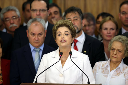 Outgoing Brazilian President Dilma Rousseff speaks after the Brazilian senate vote to impeach her for breaking budget laws at Planalto Palace in Brasilia, Brazil, Thursday (Reuters photo)