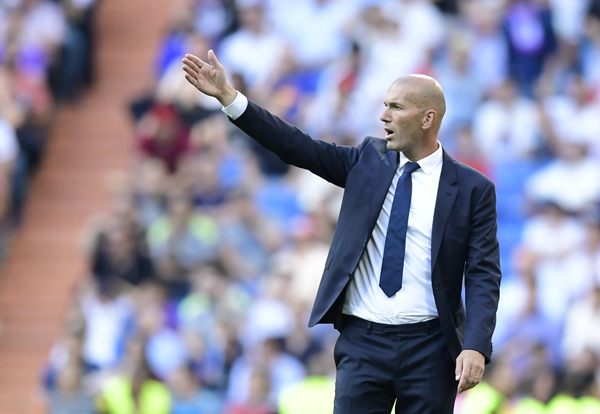 Real Madrid’s French coach Zinedine Zidane gestures during the Spanish league football match Real Madrid CF vs SD Eibar at the Santiago Bernabeu Stadium in Madrid on Sunday (AFP photo by Javier Soriano)