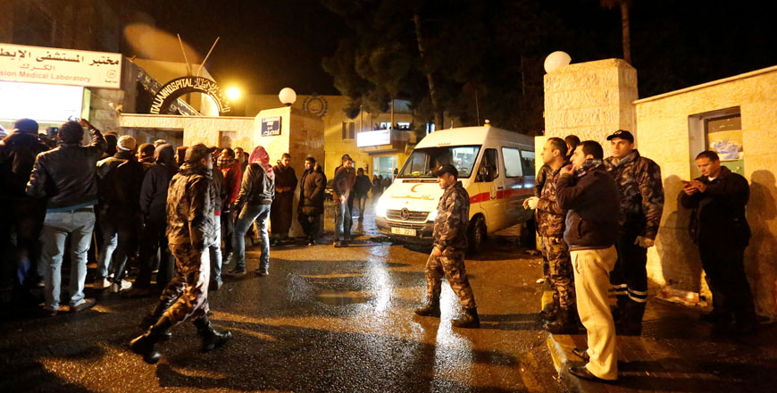 Ambulances are seen in front of the Italian Hospital in Karak, where some of the injured in a terror attack were evacuated on Sunday (Reuters photo)
