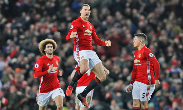 Manchester United’s Zlatan Ibrahimovic celebrates scoring their first goal against Liverpool at Old Trafford in Manchester, north west England, on Sunday (Reuters photo by Phil Noble)
