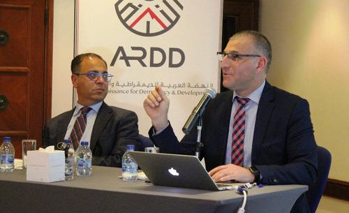 Birzeit University’s Mustafa Jarrar (right) speaks about a collaborative project to enrich Arabic content on the Internet through a dictionary search engine, the Arabic ontology engine and the Curras online corpus for the Palestinian dialect during a symposium organised by the Arab Renaissance for Democracy and Development (Photo courtesy of the ARDD)