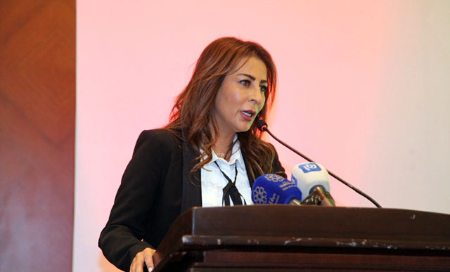   Minister of State for Media Affairs and the Government's Spokesperson Jumana Ghunaimat speaks during the launch of the Jordanian-Kuwaiti Media Forum on Sunday (Petra photo)