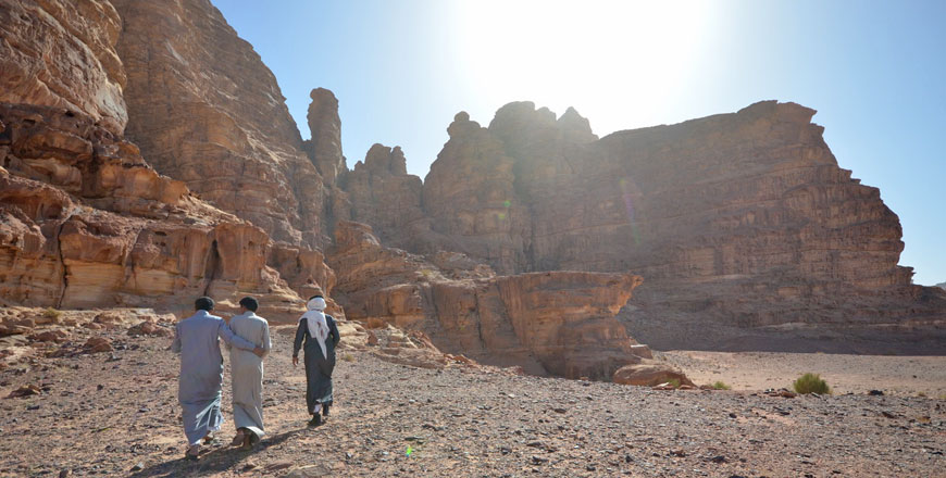 The cast of Jordanian film ‘Theeb’ is seen in the desert of Wadi Rum recently (Photo by Muath Freij)