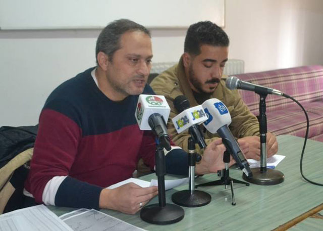 National Campaign for Defending Students’ Rights 'Thabahtoona' coordinator Fakher Daas holds a press conference in Amman on Monday (Photo courtesy of Thabahtoona)