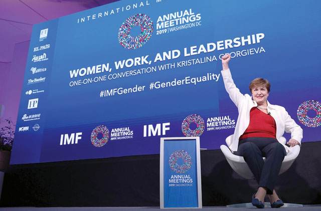 International Monetary Funds (IMF) Managing Director Kristalina Georgieva speaks about gender equality during the IMF and World Bank Fall Meetings on Wednesday in Washington, DC (AFP photo)