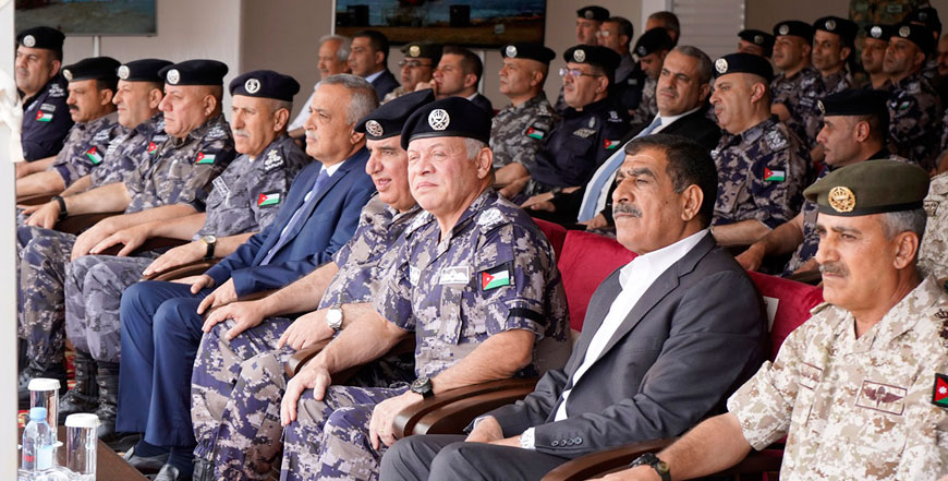 His Majesty King Abdullah attends a tactical drill conducted by the Civil Defence Department in cooperation with specialised agencies in Aqaba, and with the participation of HRH Crown Prince Hussein, on Saturday (Photo courtesy of Royal Court)