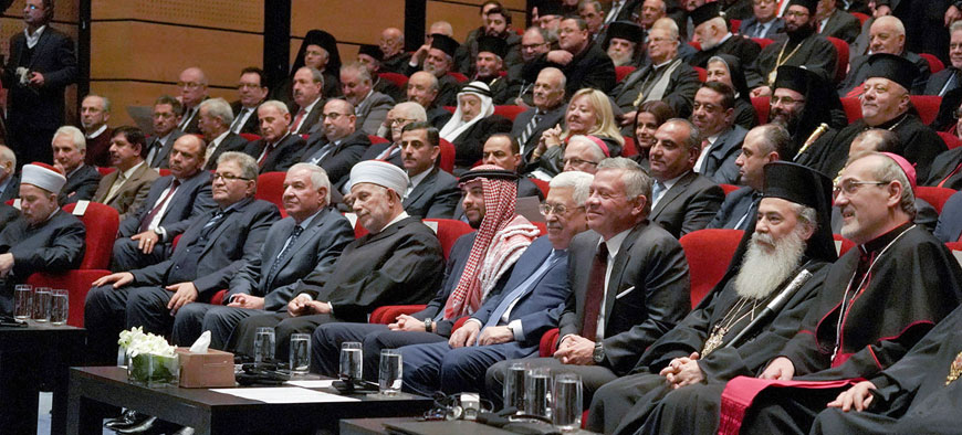 His Majesty King Abdullah, accompanied by HRH Crown Prince Hussein, attended a celebration at Al Hussein Cultural Centre in downtown Amman, held by churches in Jordan on the occasions of Christmas and the New Year on Tuesday (Photo courtesy of Royal Court)