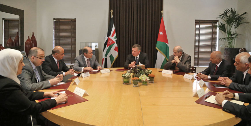 His Majesty King Abdullah meets with Prime Minister Hani Mulki, president and members of the Jordan Integrity and Anti-Corruption Commission in Amman on Sunday (Photo courtesy of Royal Court )