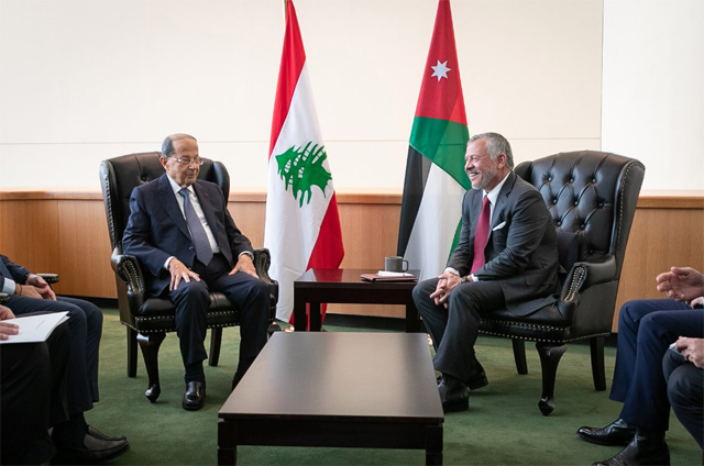 His Majesty King Abdullah meets with Lebanese President Michel Aoun on Tuesday in New York, on the sidelines of the 74th General Assembly of the United Nations (Photo courtesy of Royal Court)