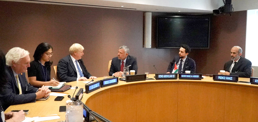 His Majesty King Abdullah, accompanied by HRH Crown Prince Hussein, meets with British Prime Minister Boris Johnson in New York on Monday (Photo courtesy of Royal Court)