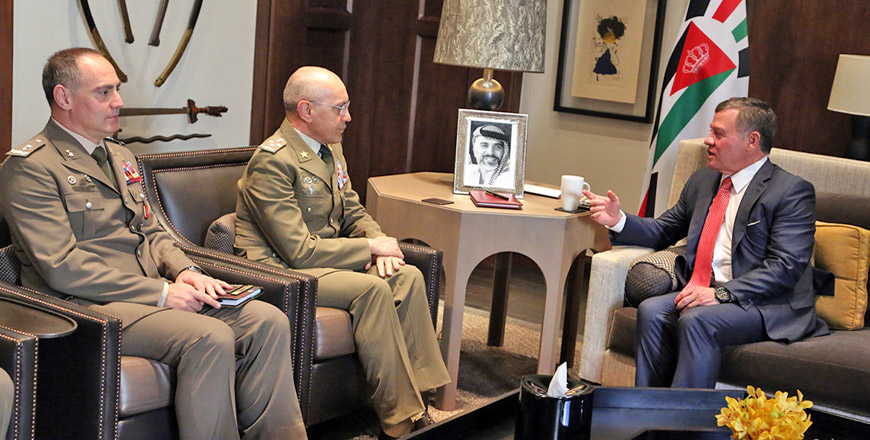 His Majesty King Abdullah meets with Commander of the US Central Command Gen. Joseph Votel at Al Husseiniya Palace on Monday (Photo courtesy of the Royal court)