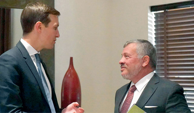 His Majesty King Abdullah meets with Senior Adviser to US President Jared Kushner at Al Husseiniya Palace on Wednesday (Photo courtesy of Royal Court)