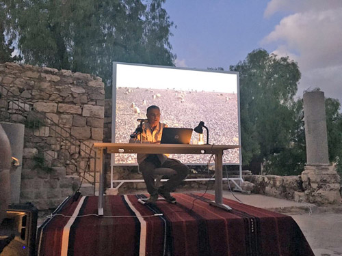 Artist Ammar Khammash speaks at a lecture held about his exhibition ‘Desert Soundscapes’ at Darat Al Funun on Tuesday (Photo by Suzanna Goussous)