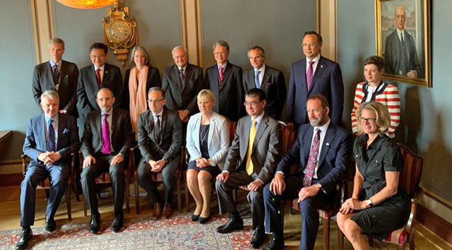 Foreign Minister Ayman Safadi holds talks with counterparts attending the Stockholm Ministerial Meeting on Nuclear Disarmament and the Non-Proliferation Treaty on Tuesday (Photo courtesy of Foreign Ministry)
