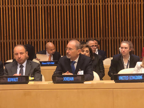   Foreign Minister Ayman Safadi co-chairs a meeting with his Swedish counterpart Ann Linde, organised by Jordan and Sweden to rally support to the UNRWA, in New York on Friday  (Petra photo)