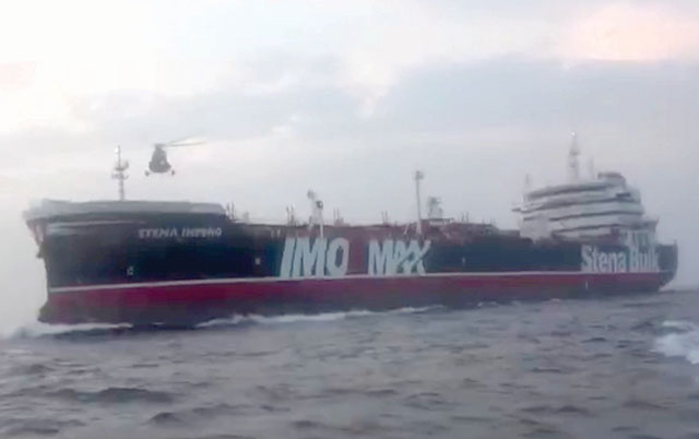This image grab taken from a video provided by Iran's Revolutionary Guard official website via SEPAH News on Saturday, allegedly shows Revolutionary Guard Corps boarding the British-flagged tanker Stena Impero in the Strait of Hormuz (AFP photo)