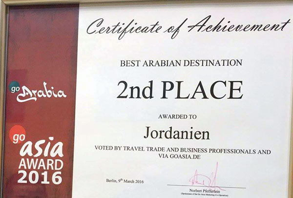 The certificate recognising Jordan as the second best tourism destination in the Arab region for German visitors (Petra photo)