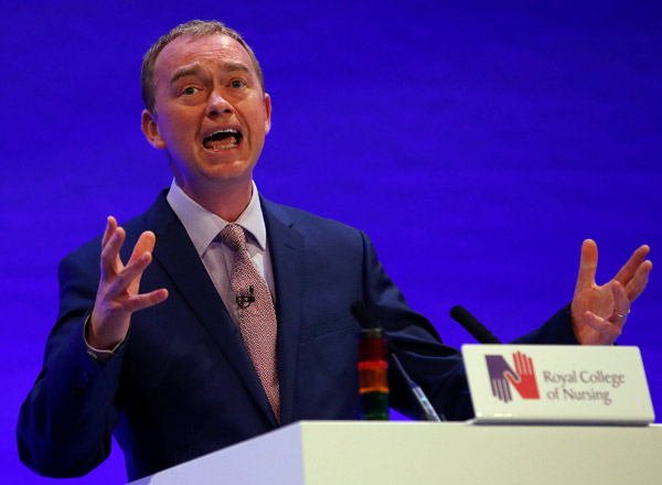 Tim Farron, leader of Britain's Liberal Democrat Party, speaks to members of the Royal College of Nursing in Liverpool on Monday (Reuters photo)