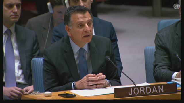 Jordan's permanent representative to the United Nations Mahmoud Hmoud addresses the UN Security Council during a session on Tuesday to discuss the war in Gaza and Israeli decisions against UNRWA (Al-Mamlaka photo)