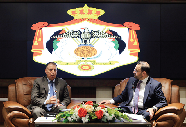 Finance Minister Mohamad Al-Ississ and Interior Minister Mazen Faraya during a meeting with governors and administrative governors at the Interior Ministry on Thursday (Petra photo)