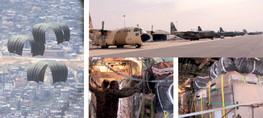The Jordanian Armed Forces – Arab Army (JAF), in cooperation with other countries, on Tuesday carries out five more airdrops of aid into the war-torn northern Gaza Strip (JAF photos)